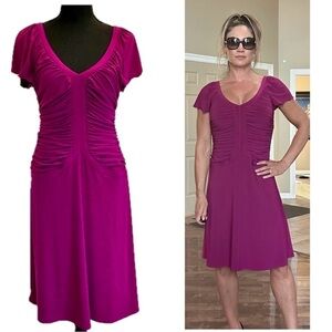 Joseph Ribkoff bright purple short sleeve gathered ruched fit & flare midi dress